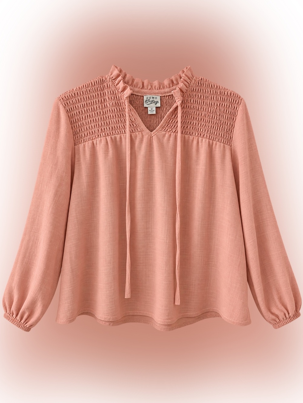 Como Vintage Smocked Yoke Peasant Blouse - Coral Pink